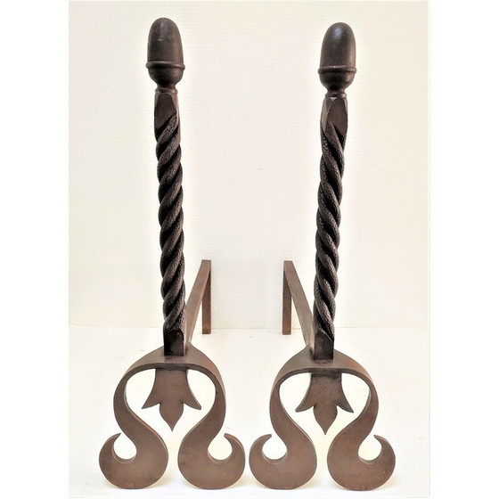 Image 1 of Par de morillos esculturales de hierro fundido con cabezas retorcidas, Francia