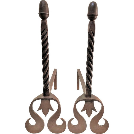Image 1 of Par de morillos esculturales de hierro fundido con cabezas retorcidas, Francia