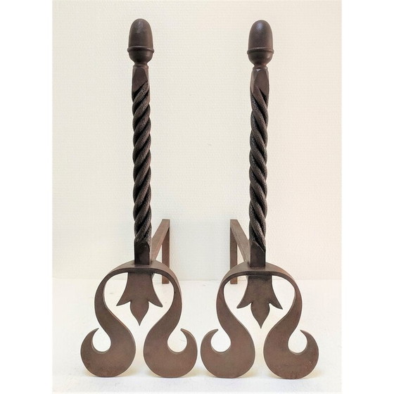 Image 1 of Par de morillos esculturales de hierro fundido con cabezas retorcidas, Francia