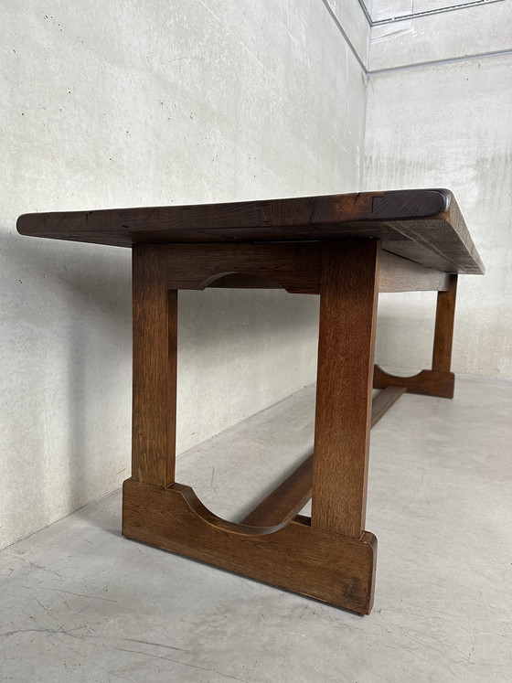 Image 1 of Table de salle à manger vintage brutaliste XL en chêne (10 personnes)