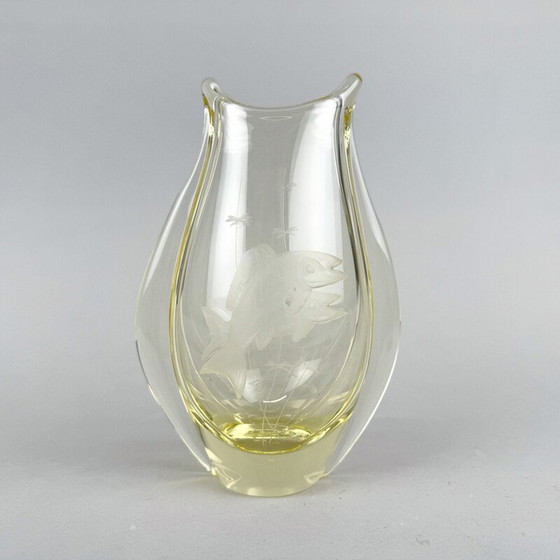 Image 1 of Vintage engraved glass vase by Zbs Glasswork, Czechoslovakia 1950