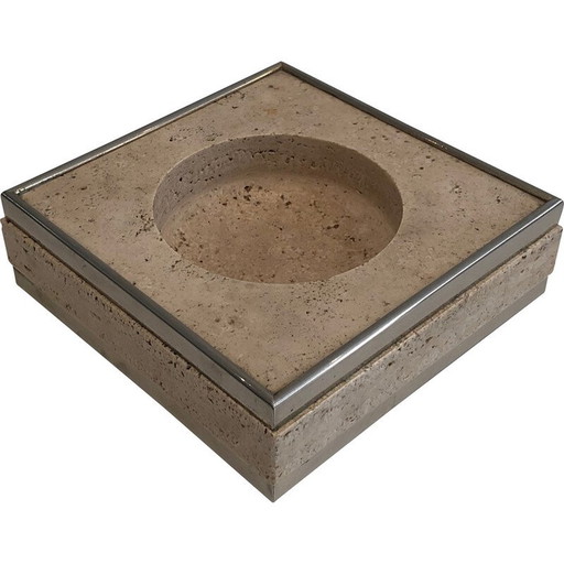 Travertine and chrome vide-poche. French work. Circa 1970