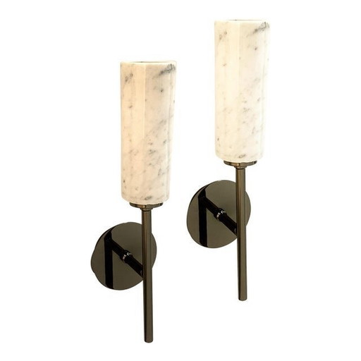 Set Of Two Contemporary Black Nickel Carrara Marble Wall Sconces