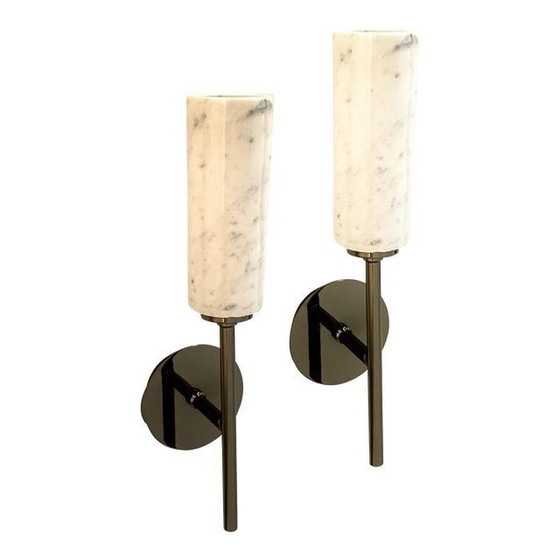 Image 1 of Set Of Two Contemporary Black Nickel Carrara Marble Wall Sconces