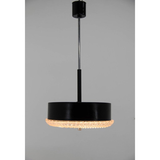 Pair of black metal and glass vintage pendant lamp, Czechoslovakia 1960