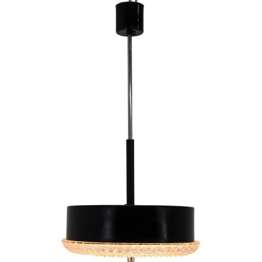 Pair of black metal and glass vintage pendant lamp, Czechoslovakia 1960