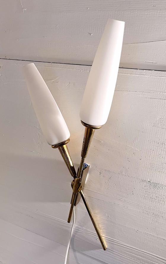 Image 1 of Pair Of Double Crossed Brass And Opaline Wall Lights, Maison Arlus, France, Mid-Century