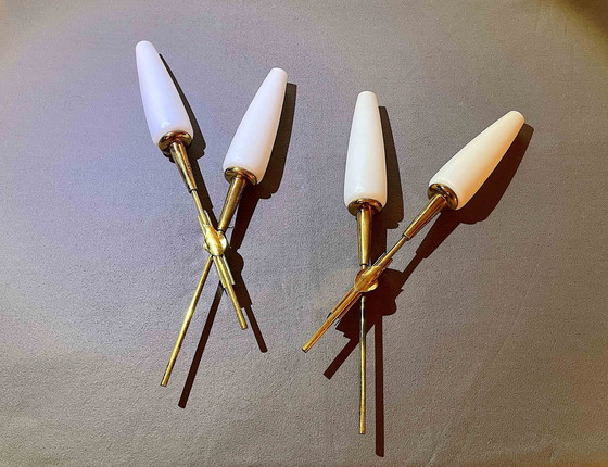 Image 1 of Pair Of Double Crossed Brass And Opaline Wall Lights, Maison Arlus, France, Mid-Century