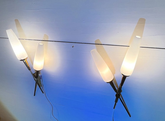 Image 1 of Pair Of Double Crossed Brass And Opaline Wall Lights, Maison Arlus, France, Mid-Century