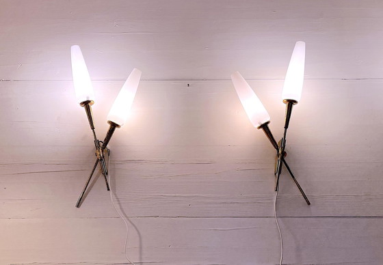 Image 1 of Pair Of Double Crossed Brass And Opaline Wall Lights, Maison Arlus, France, Mid-Century