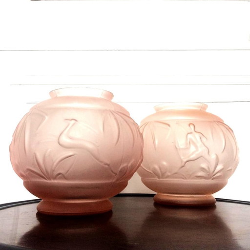 2X Pink Glass Art Deco Ball Vases