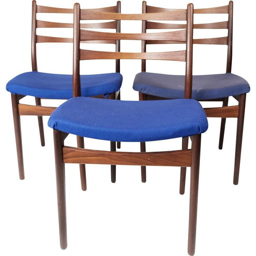 Set of 3 vintage teak and dark blue upholstery chairs, Denmark 1960