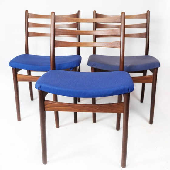 Image 1 of Set of 3 vintage teak and dark blue upholstery chairs, Denmark 1960
