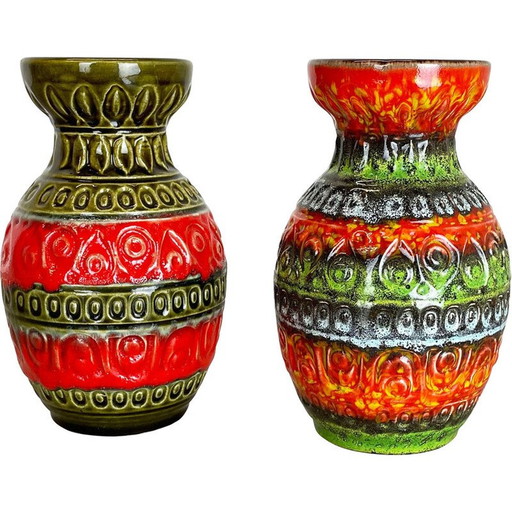 Par de jarrones vintage de cerámica Op Art con lava gruesa multicolor de Bay Ceramics, Alemania, década de 1970