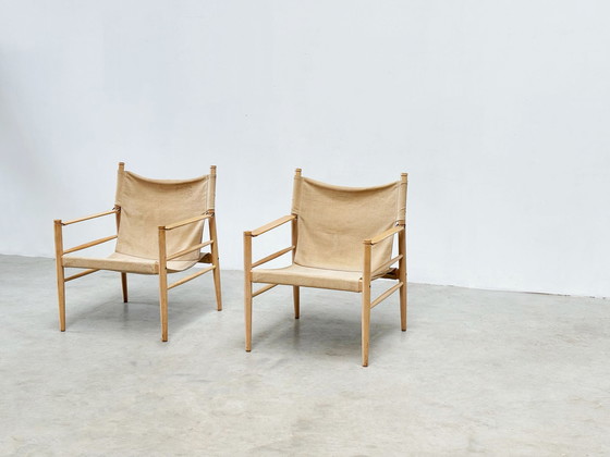 Image 1 of Set of two oak and linnen safari chairs