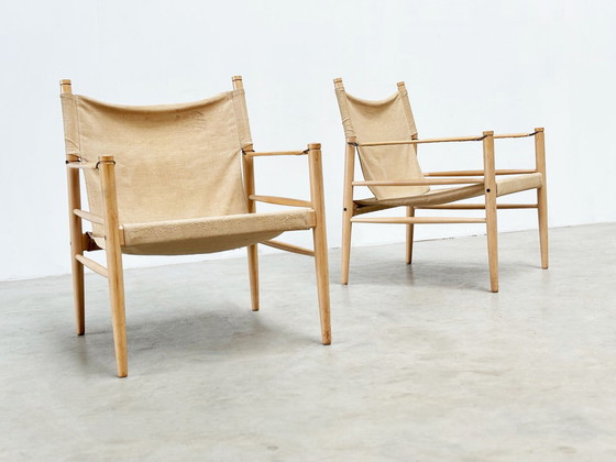 Image 1 of Set of two oak and linnen safari chairs