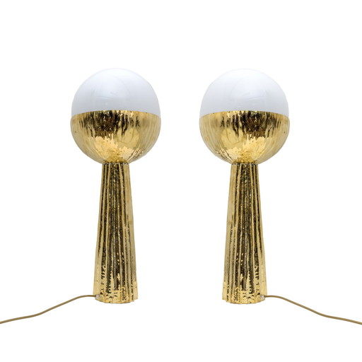 Pair Of Modern Italian Brass And Opaline Glass Table Lamps