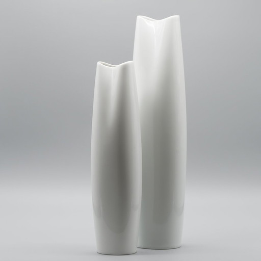 Xl Hutschenreuther Glossy Asymmetrical Porcelain Vase Duo 36Cm +28Cm 70S Vintage