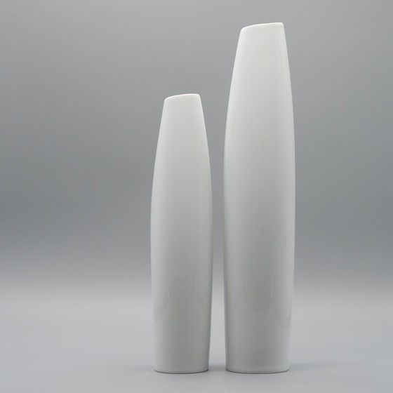 Image 1 of Xl Hutschenreuther Glossy Asymmetrical Porcelain Vase Duo 36Cm +28Cm 70S Vintage