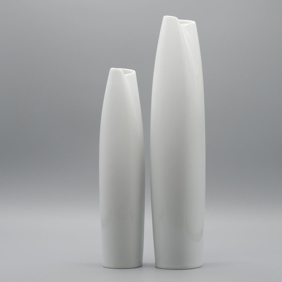 Image 1 of Xl Hutschenreuther Glossy Asymmetrical Porcelain Vase Duo 36Cm +28Cm 70S Vintage