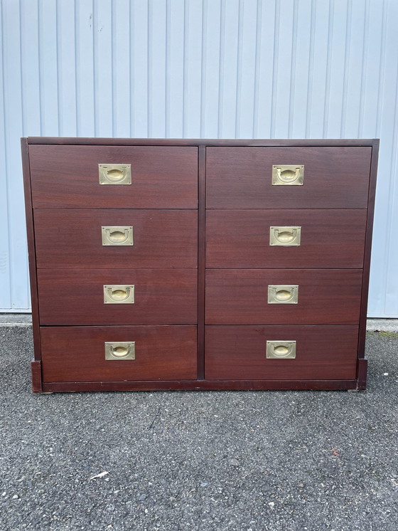 Image 1 of Mid - Century Teak And Gold Brass Chest Of Drawers In The Henredon Style