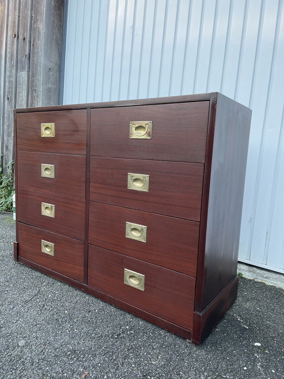 Image 1 of Mid - Century Teak And Gold Brass Chest Of Drawers In The Henredon Style