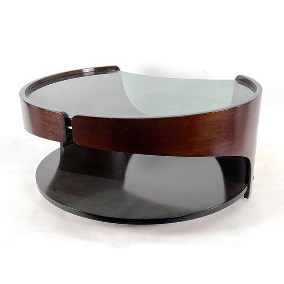 Image 1 of Mid-century wood and smoked glass round coffee table, Italy 1970s