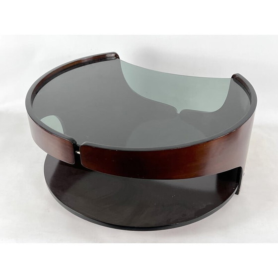 Image 1 of Mid-century wood and smoked glass round coffee table, Italy 1970s