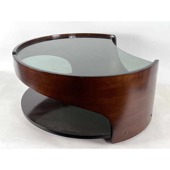 Image 1 of Mid-century wood and smoked glass round coffee table, Italy 1970s