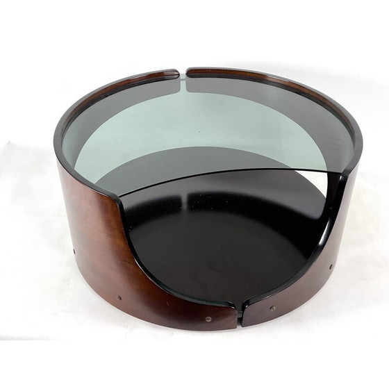 Image 1 of Mid-century wood and smoked glass round coffee table, Italy 1970s