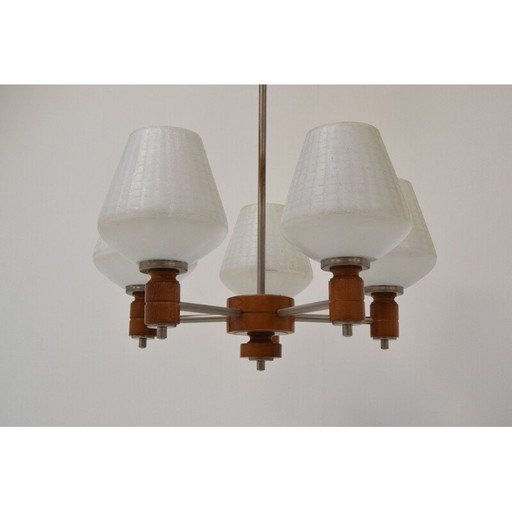 Vintage glass and wood chandelier, Czech 1970