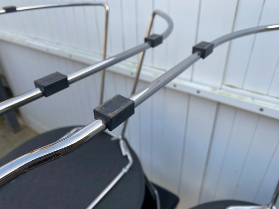 Image 1 of Lot De 4 Fauteuils Chaises Linda De Arrben Cuir Noir Armature Acier Chromé Vintage 1980