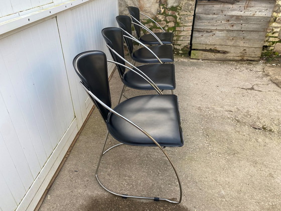 Image 1 of Lot De 4 Fauteuils Chaises Linda De Arrben Cuir Noir Armature Acier Chromé Vintage 1980