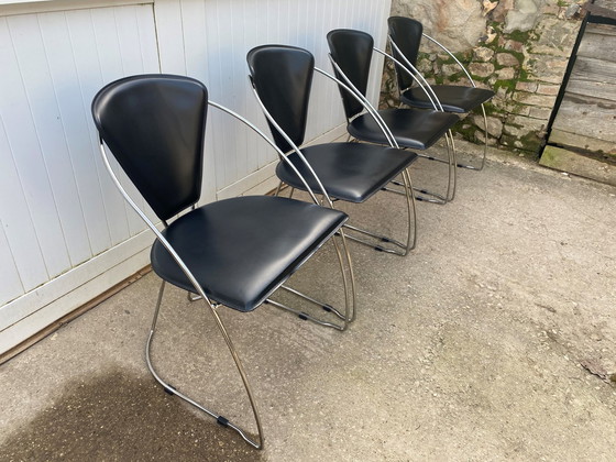 Image 1 of Lot De 4 Fauteuils Chaises Linda De Arrben Cuir Noir Armature Acier Chromé Vintage 1980