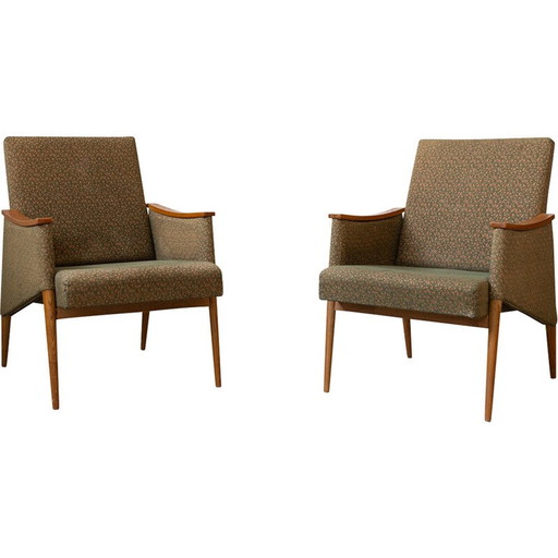 Pair of vintage armchairs in oak wood and fabric, Czechoslovakia 1970