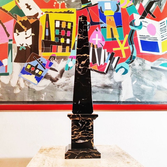 Image 1 of 1970S Big Hand-Carved Obelisk In Black Marble Of Portoro With Gold Color Veins. Made In Italy. 43 Cm H.