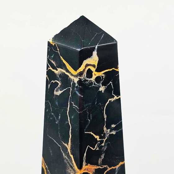 Image 1 of 1970S Big Hand-Carved Obelisk In Black Marble Of Portoro With Gold Color Veins. Made In Italy. 43 Cm H.