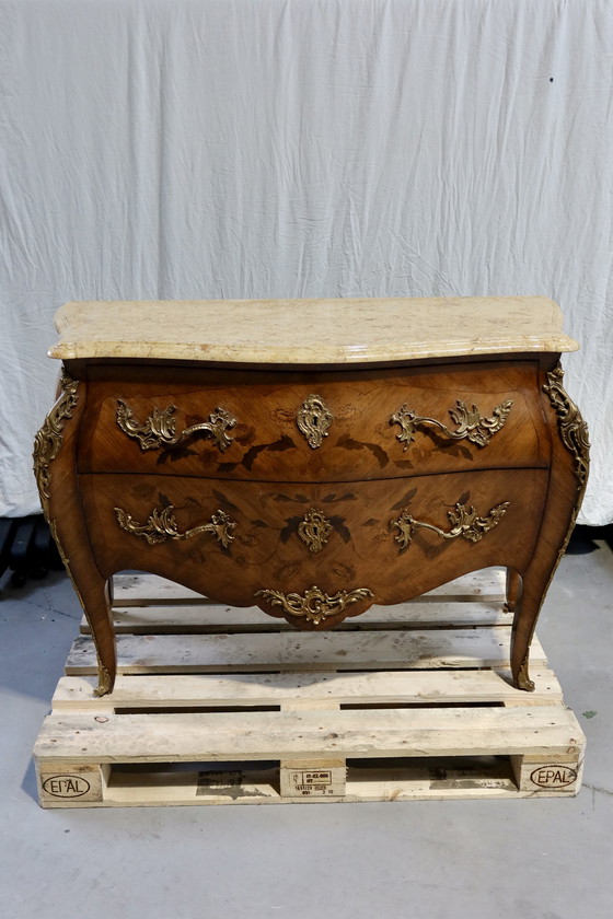 Image 1 of Tomb style chest of drawers with pink marble top