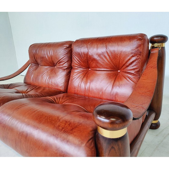 Image 1 of Mid-century leather and wood living room set, Italy 1970s