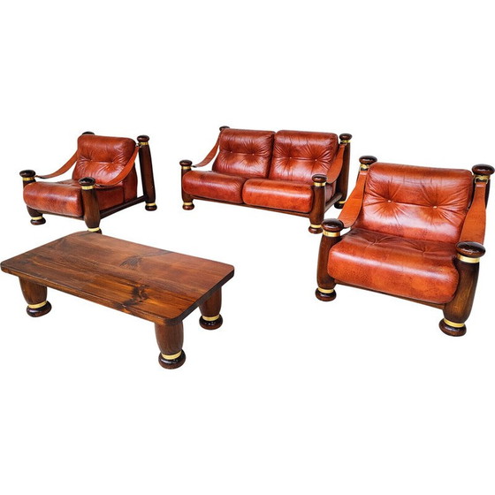 Image 1 of Mid-century leather and wood living room set, Italy 1970s