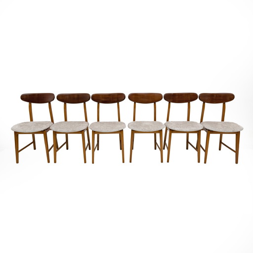 Set Of Six Teak Wood And Bouclè Fabric Dining Chairs, Denmark, 1960S