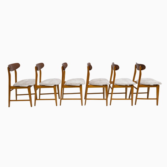 Image 1 of Set Of Six Teak Wood And Bouclè Fabric Dining Chairs, Denmark, 1960S