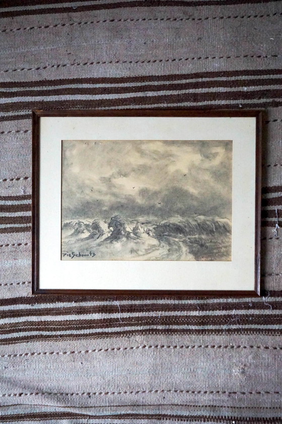 Image 1 of Antique Dutch Countryside Landscape Drawing By Pie Schmidt * 1920S * Framed * Original Sketch 