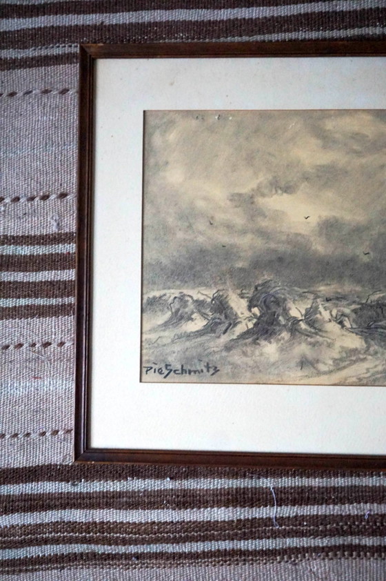 Image 1 of Antique Dutch Countryside Landscape Drawing By Pie Schmidt * 1920S * Framed * Original Sketch 