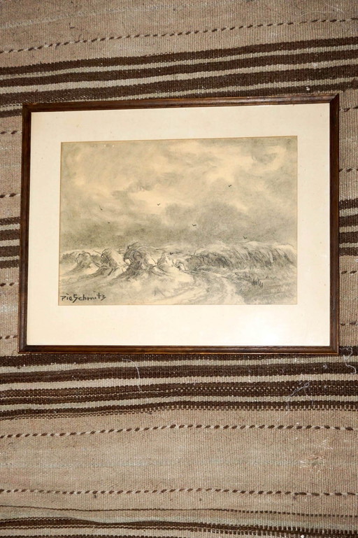 Antique Dutch Countryside Landscape Drawing By Pie Schmidt * 1920S * Framed * Original Sketch 