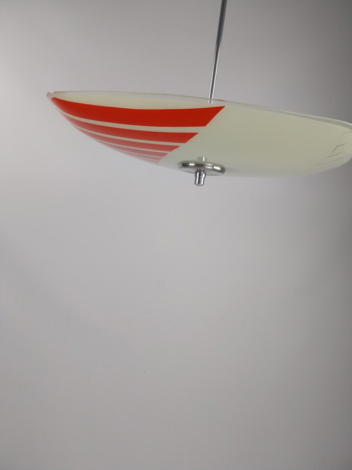  1 X Red White With Gold Accents Glass Ceiling Light 1960'S Czech 50 Cm Beautiful Graphic Drawing. 56 Cm Diameter 70 Cm High