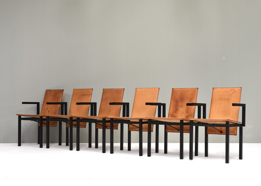 Ensemble unique de six chaises de salle à manger en cuir cognac, circa 1970-80