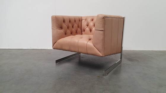 Image 1 of chesterfield vintage design armchair camel beige leather cube model