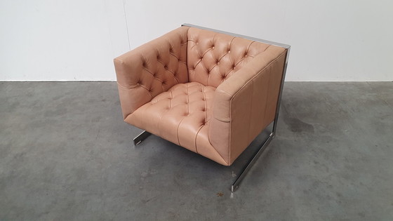 Image 1 of fauteuil chesterfield vintage design cuir beige camel modèle cube