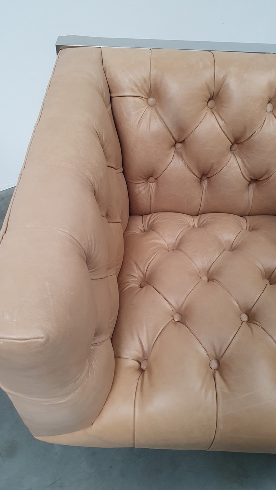 Image 1 of fauteuil chesterfield vintage design cuir beige camel modèle cube